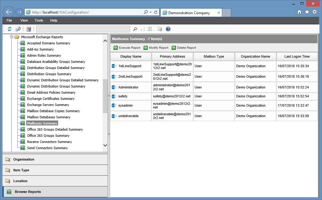 Screenshot of the Mailboxes Summary report in the XIA Configuration web interface