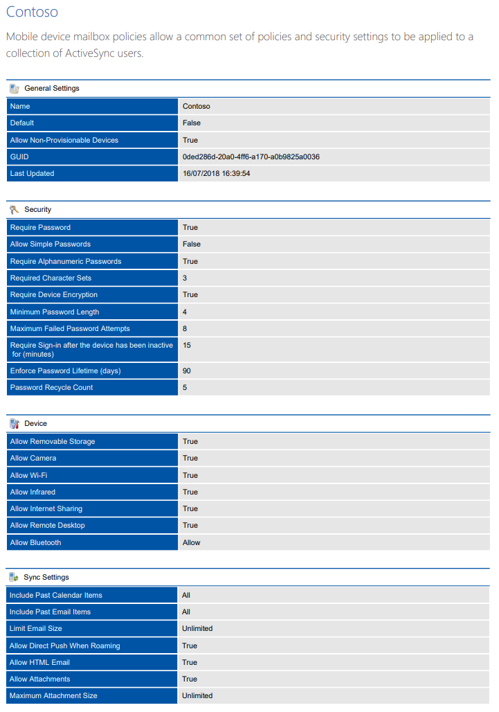 Screenshot of Mobile Device Mailbox Policy settings in a document generated by XIA Configuration
