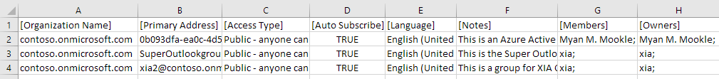 Screenshot of the Office 365 Groups Detailed Summary report in a CSV file generated by XIA Configuration