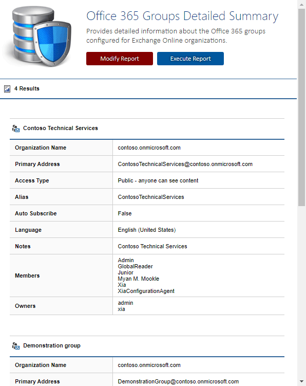 Screenshot of the Office 365 Groups Detailed Summary report in the XIA Configuration web interface