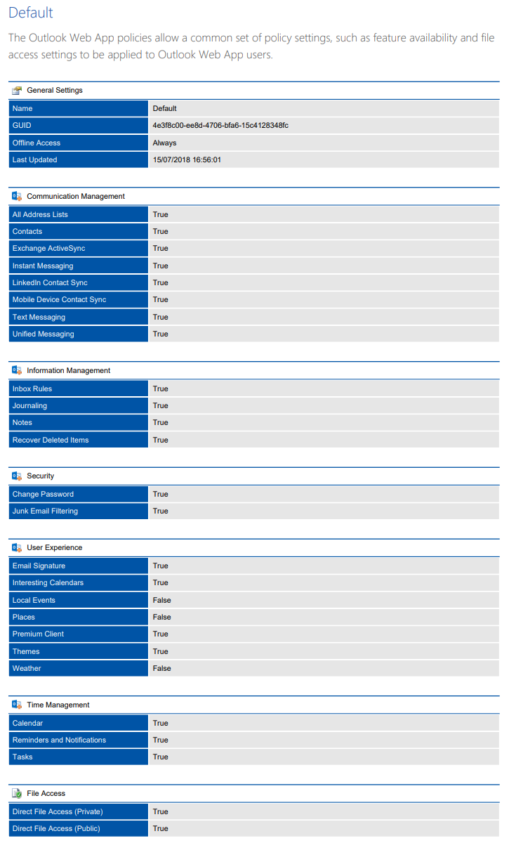 Screenshot of Outlook Web App Policy settings in a document generated by XIA Configuration