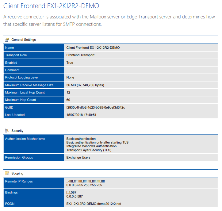 Screenshot of Receive Connector settings in a document generated by XIA Configuration