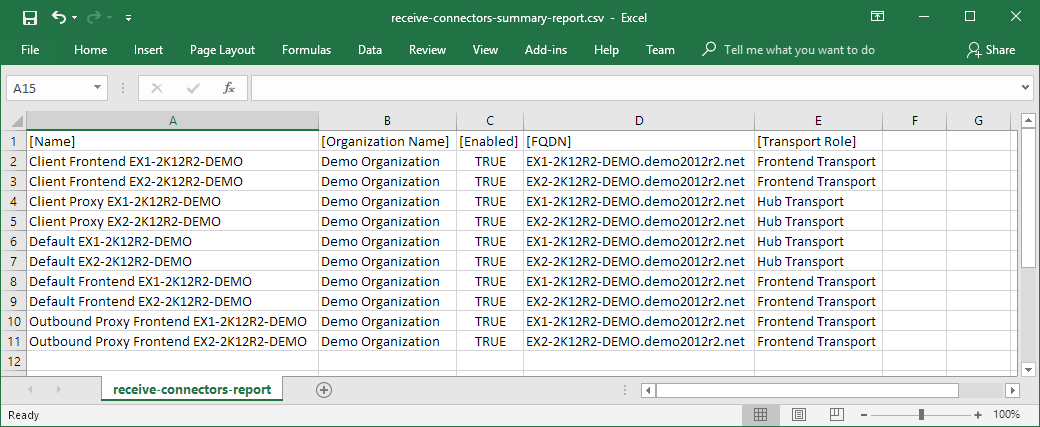 Screenshot of the Receive Connectors Summary report in a CSV file generated by XIA Configuration