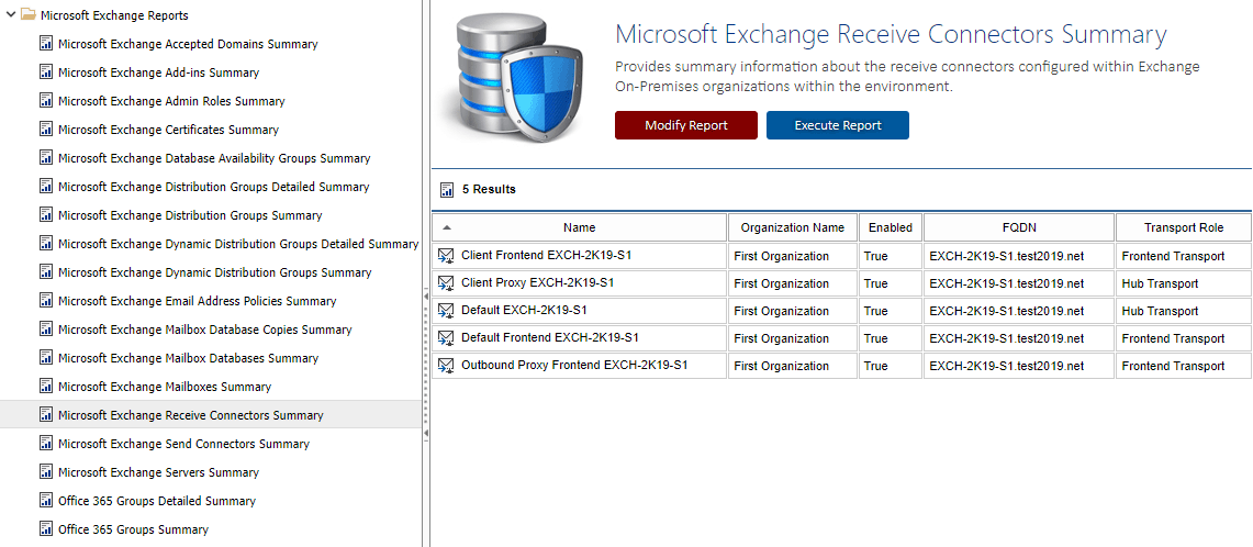 Screenshot of the Receive Connectors Summary report in the XIA Configuration web interface