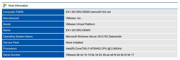 Screenshot of host information in a document generated by XIA Configuration