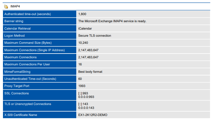 Screenshot of IMAP4 settings in a document generated by XIA Configuration
