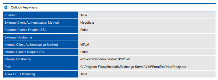Screenshot of Outlook anywhere settings in a document generated by XIA Configuration