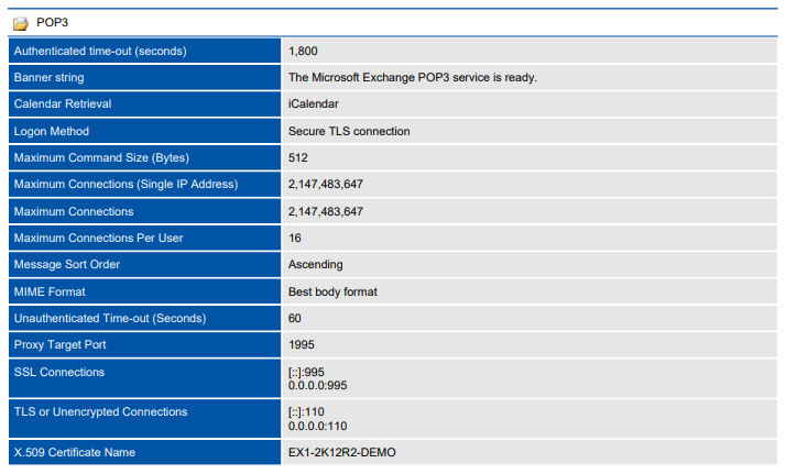 Screenshot of POP3 settings in a document generated by XIA Configuration