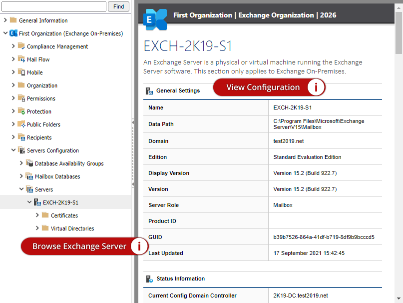 Screenshot of the Exchange server summary in the XIA Configuration web interface