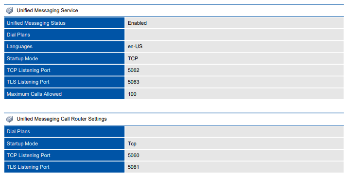 Screenshot of unified messaging settings in a document generated by XIA Configuration