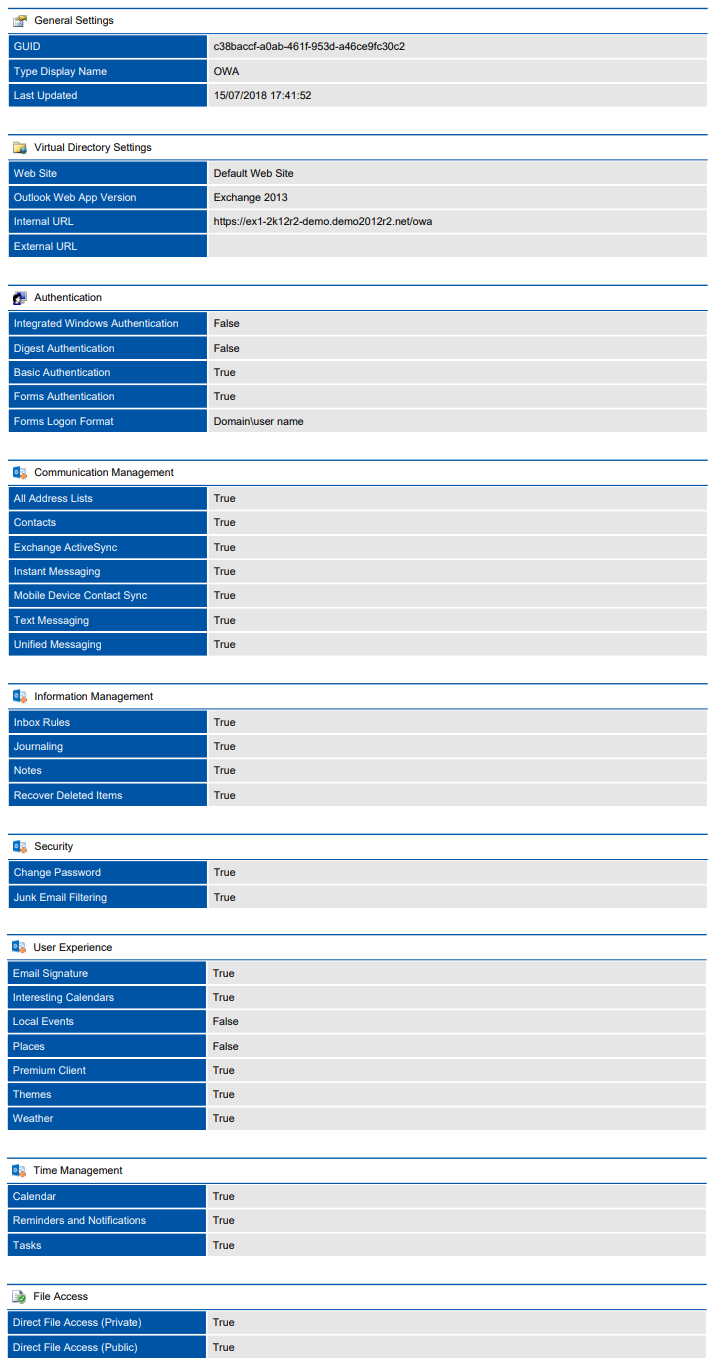 Screenshot of virtual directory settings in a document generated by XIA Configuration