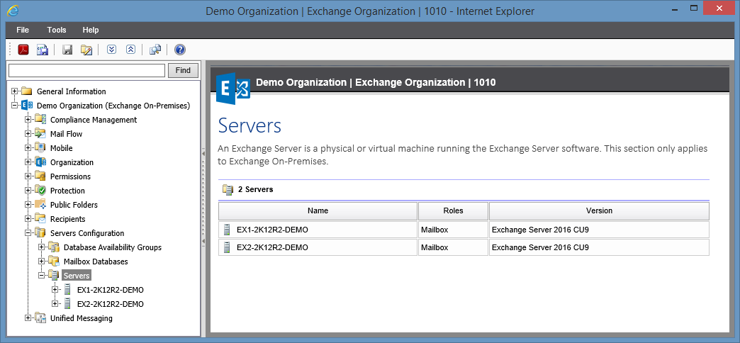Screenshot of Exchange Servers in the XIA Configuration web interface