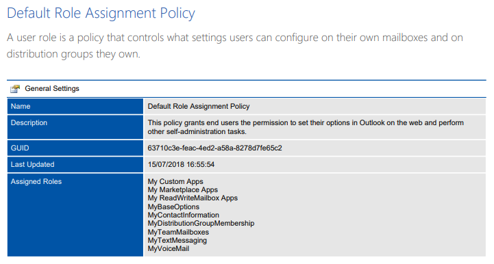 Screenshot of User Role settings in a document generated by XIA Configuration