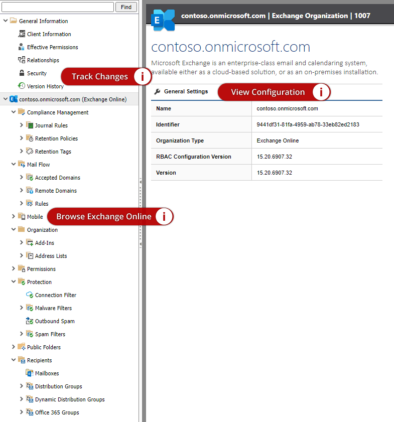 Screenshot of the Exchange Online summary in the XIA Configuration web interface