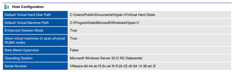 Screenshot showing Hyper-V host settings in a document generated by XIA Configuration