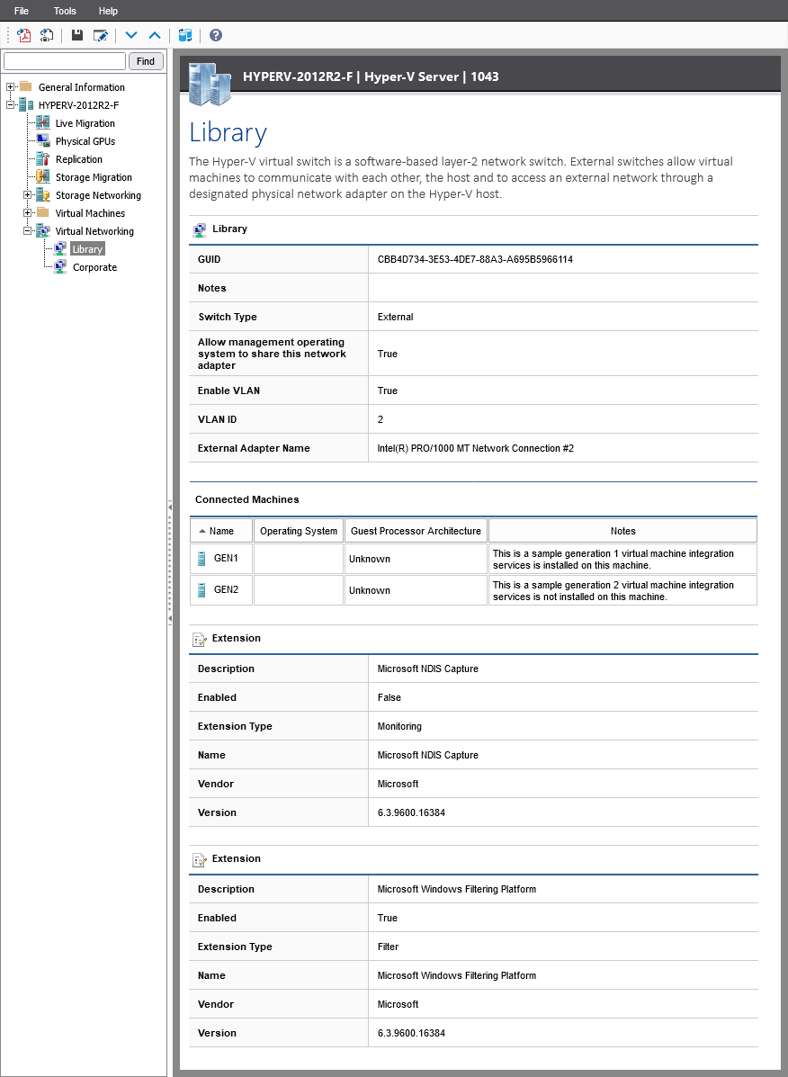 Screenshot showing Hyper-V virtual networking settings in the XIA Configuration web interface