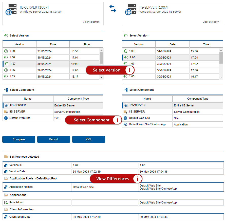 Screenshot showing the comparison of two different versions in the XIA Configuration web interface