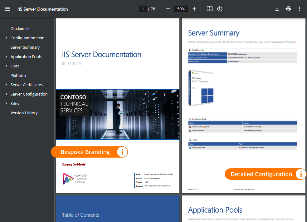 IIS server documentation sample generated by XIA Configuration