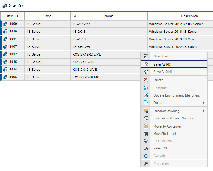 Screenshot showing Save As PDF in the XIA Configuration web interface