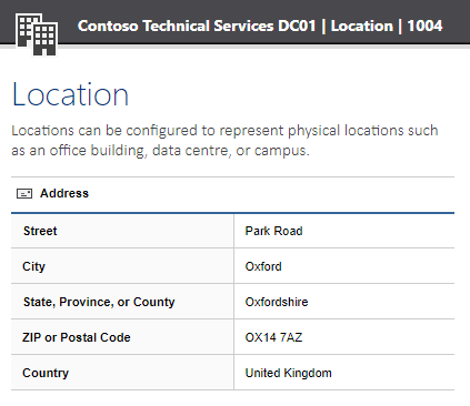 Screenshot showing the location address in the XIA Configuration web interface