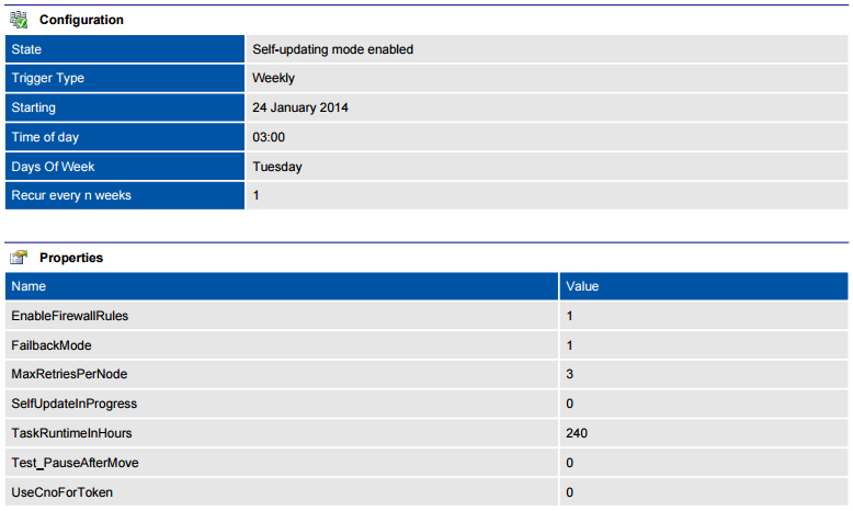 Screenshot of Microsoft failover cluster aware updating properties in a document generated by XIA Configuration