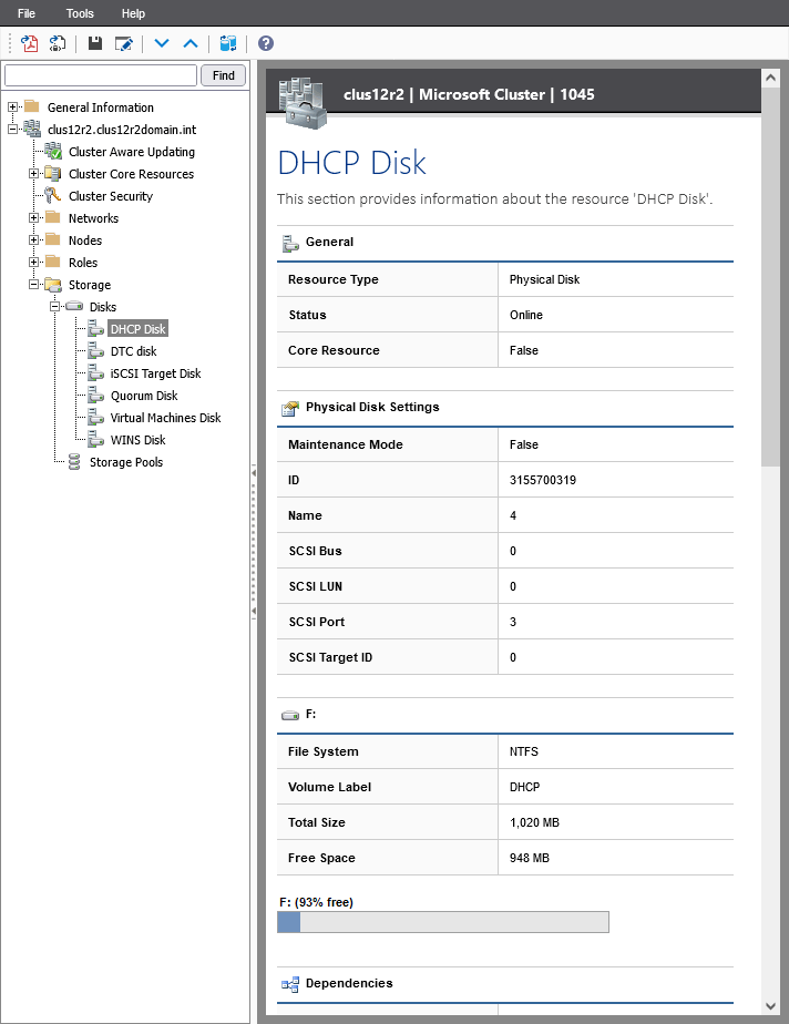 Screenshot of Microsoft failover cluster disk settings in the XIA Configuration web interface