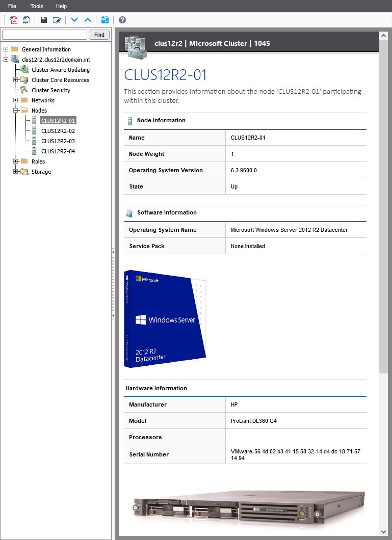 Screenshot of Microsoft cluster node information in the XIA Configuration web interface