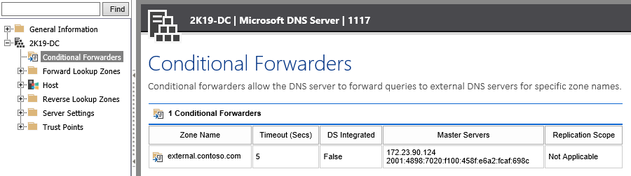 Screenshot of conditional forwarders in the XIA Configuration web interface