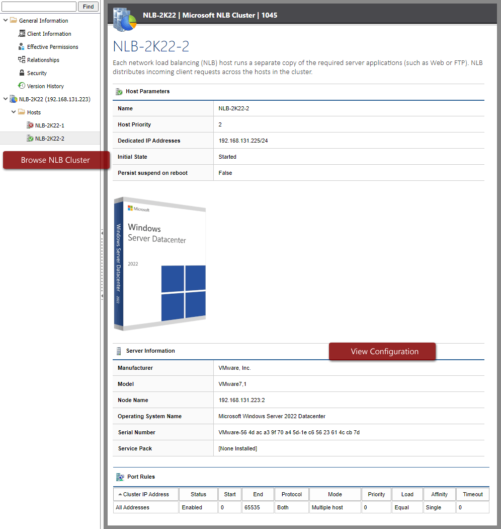 Screenshot of Microsoft NLB cluster host information in the XIA Configuration web interface