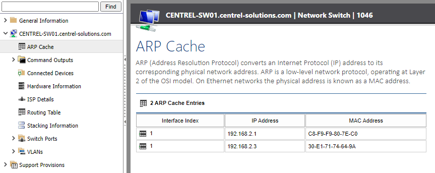 Screenshot of network switch ARP cache entries in the XIA Configuration web interface