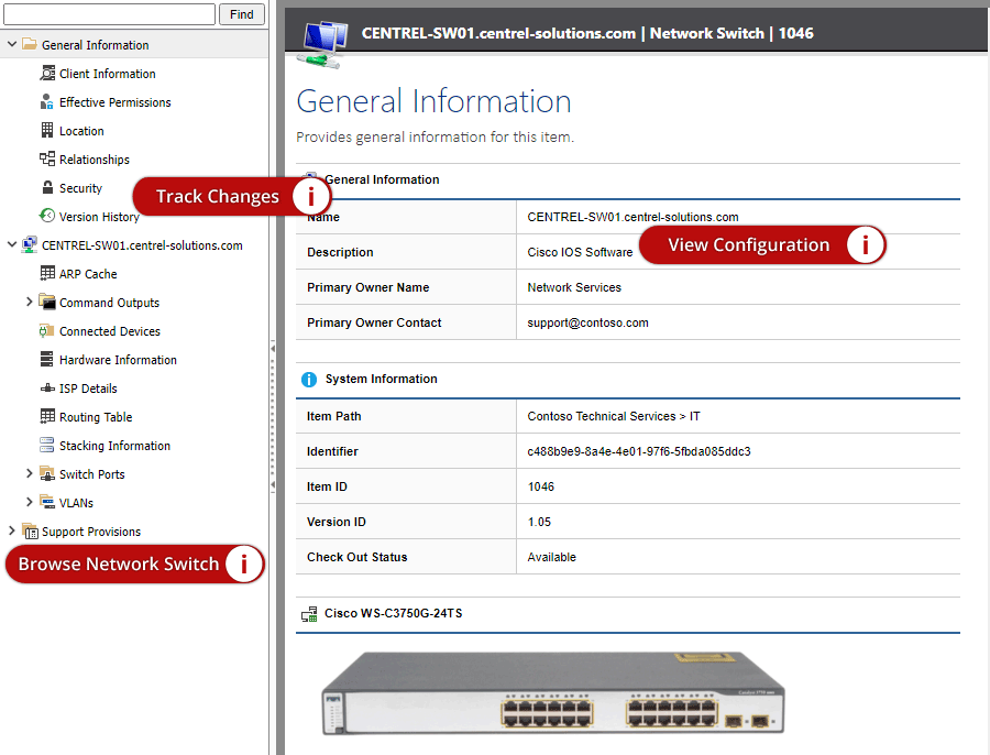 Screenshot of network switch general information in the XIA Configuration web interface