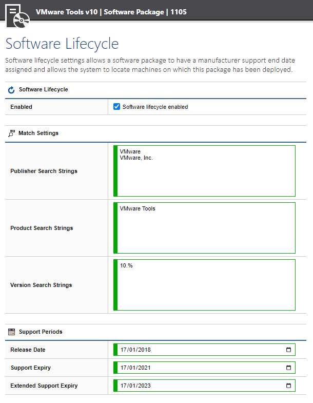 Screenshot showing software lifecycle information in the XIA Configuration web interface