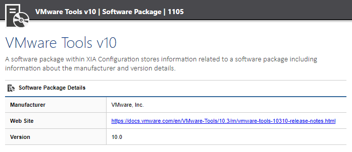 Screenshot showing software package information in the XIA Configuration web interface