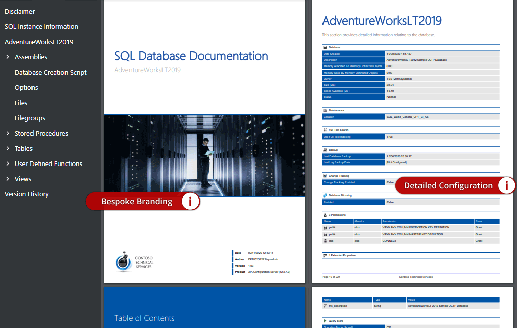 SQL database documentation example generated by XIA Configuration