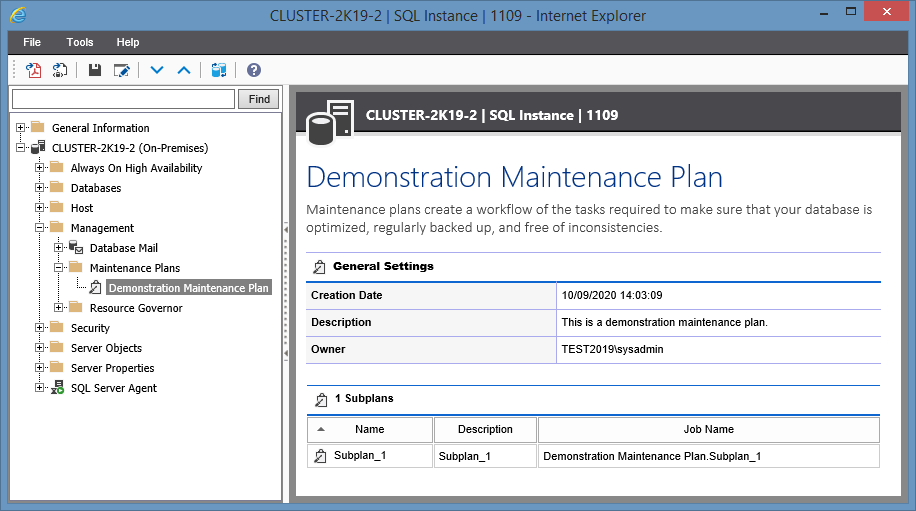Screenshot showing Maintenance Plan settings in the XIA Configuration web interface