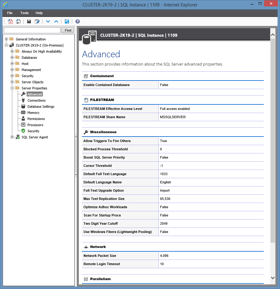 Screenshot showing Advanced Server Properties in the XIA Configuration web interface
