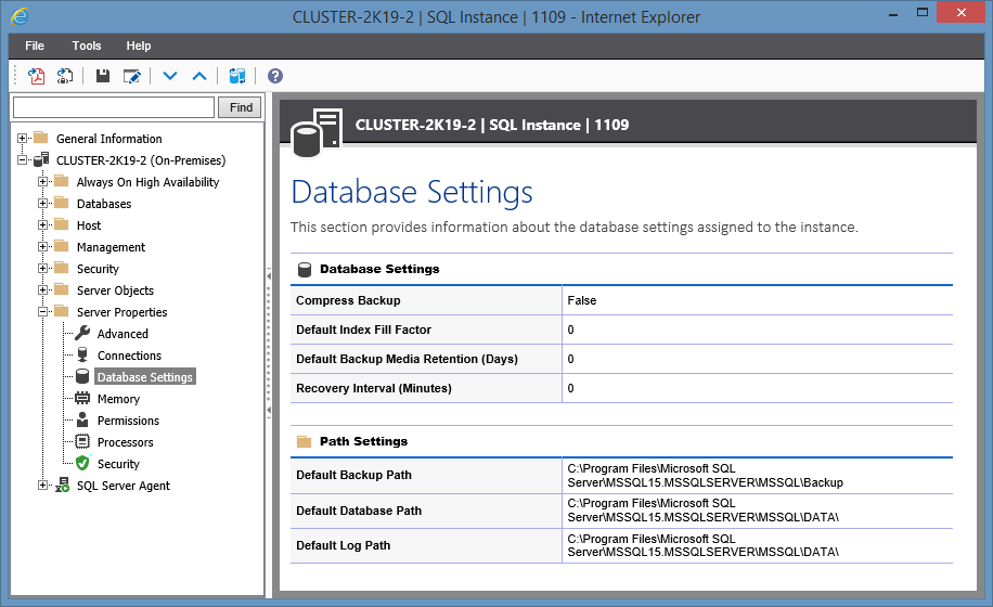 Screenshot showing Database settings in the XIA Configuration web interface