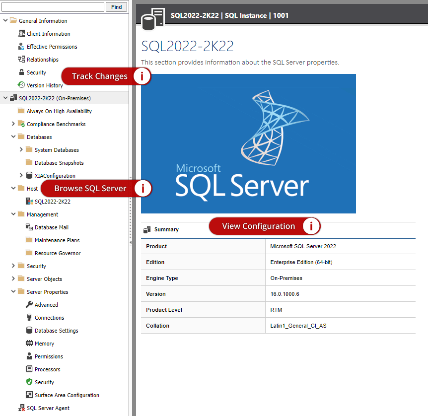 Screenshot of the summary of a SQL server in the XIA Configuration web interface
