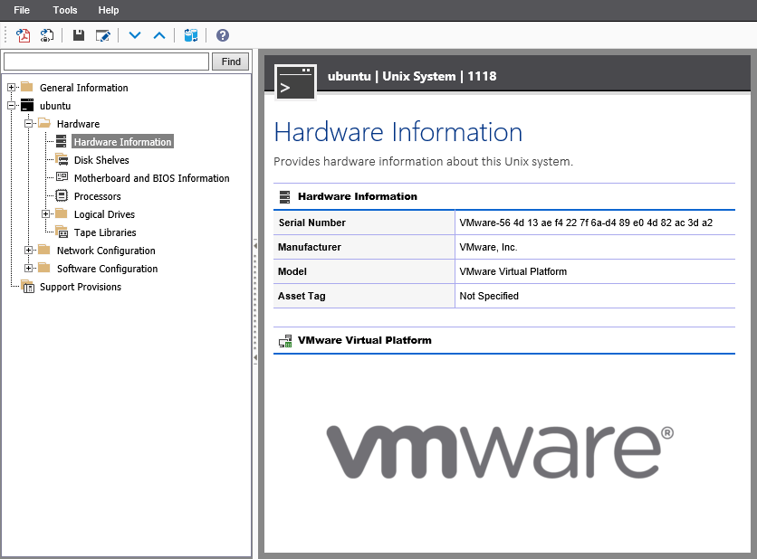 A screenshot showing Unix server hardware information