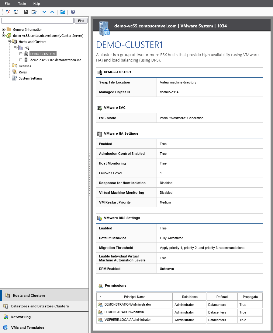 Screenshot of VMware cluster details in the XIA Configuration web interface