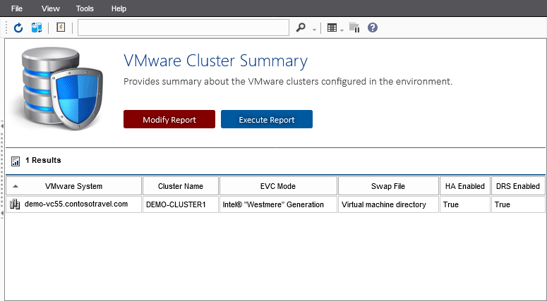 Screenshot of the VMware Cluster Summary report in the XIA Configuration web interface