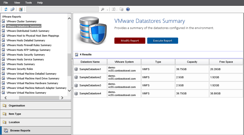 Screenshot of the Datastores Summary report in the XIA Configuration web interface