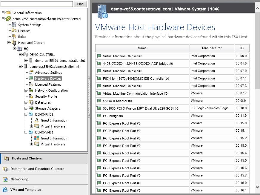 Screenshot of VMware host hardware devices in the XIA Configuration web interface
