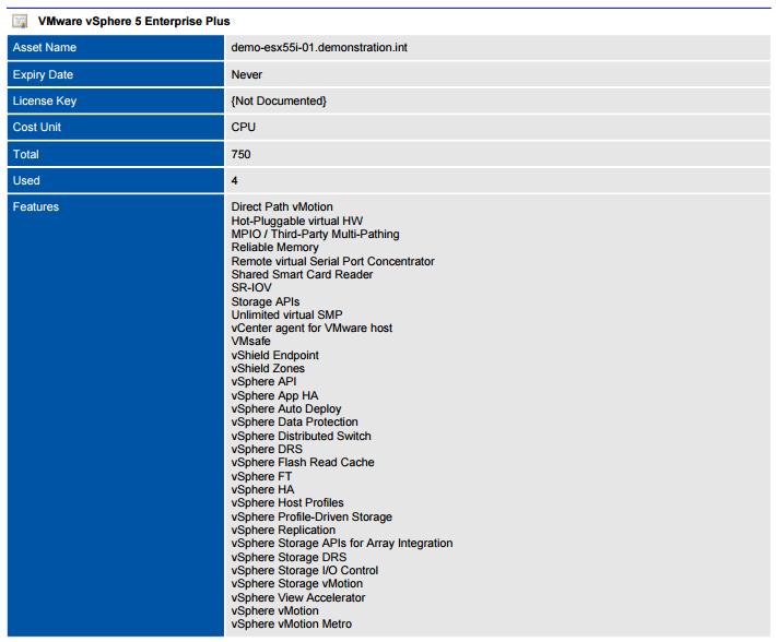 Screenshot of VMware host licensed features in a document generated by XIA Configuration