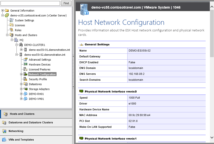 Screenshot of ESX host network configuration in the XIA Configuration web interface