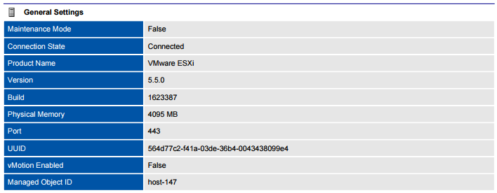 Screenshot of VMware ESX host general settings in a document generated by XIA Configuration