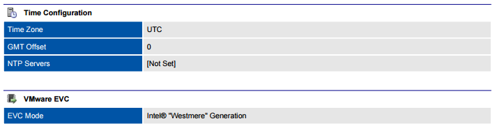 Screenshot of VMware host time configuration and EVC mode in a document generated by XIA Configuration
