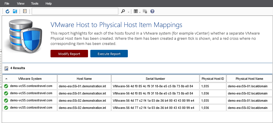 Screenshot of the VMware Host to Physical Host Item Mappings report in the XIA Configuration web interface