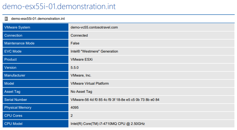 Screenshot of the VMware Hosts Detailed Summary report in a document generated by XIA Configuration