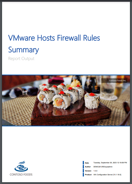 Screenshot of the VMware Hosts Firewall Rules Summary report in the XIA Configuration web interface